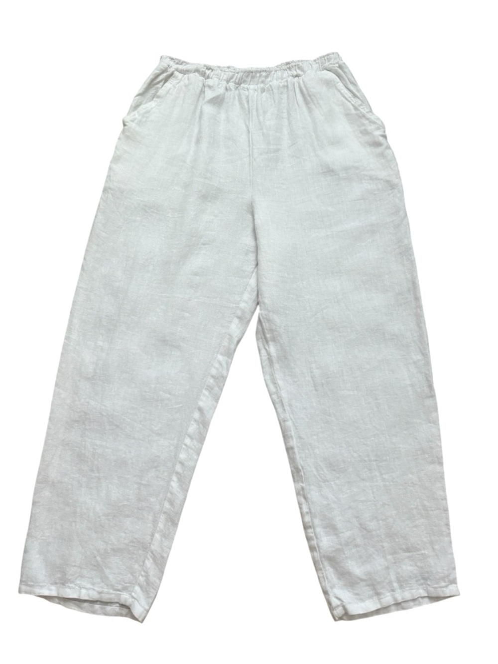 Match Point Linen Pants White Wide Leg Cropped Elastic Waist Pull on Pocket XL